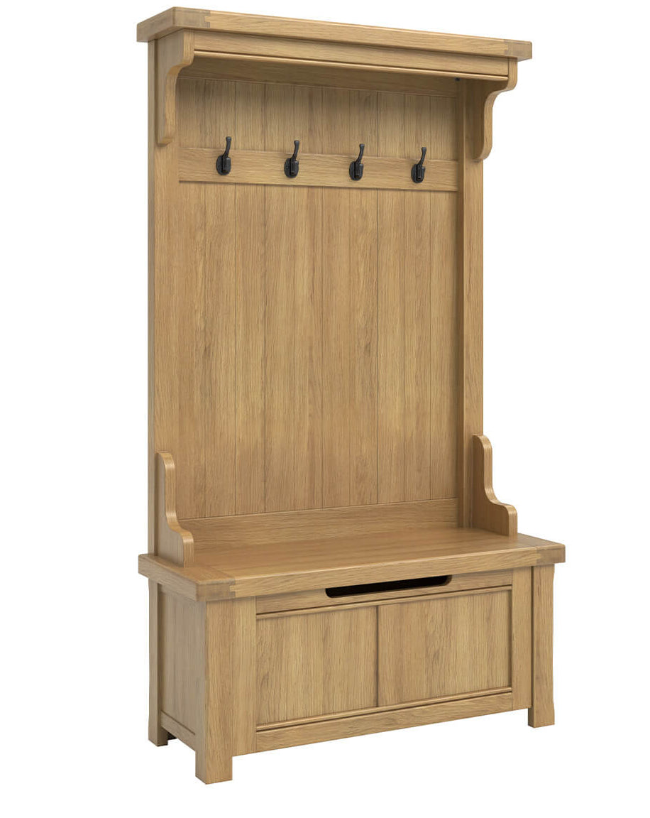 Wooden hall tree with hooks and storage bench on a white background