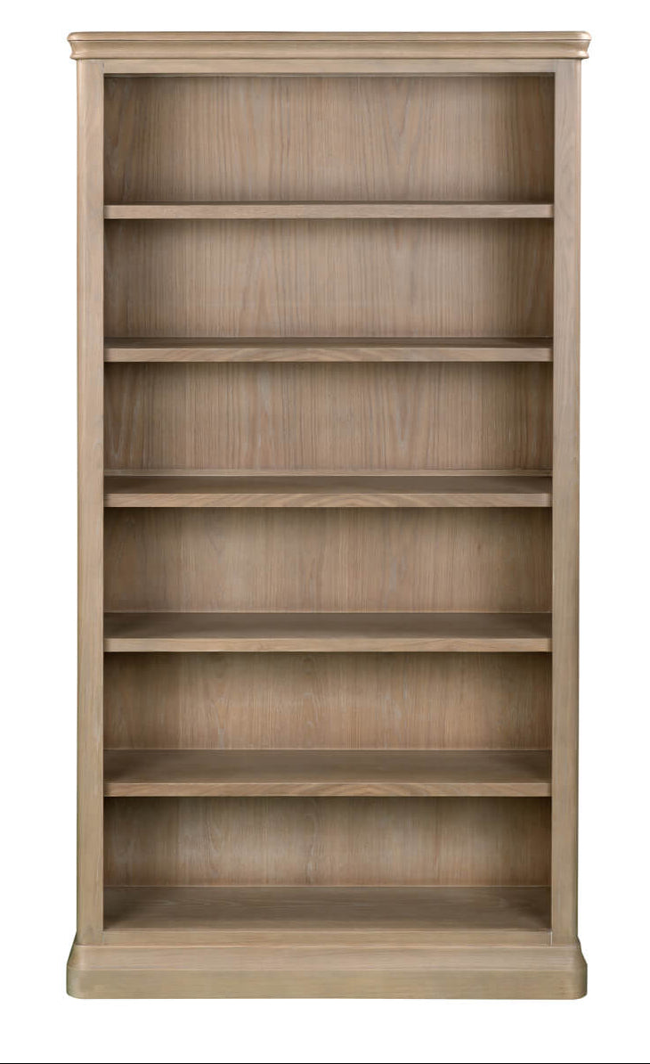 A tall, five-shelf bookcase in a light weathered wood finish, shown from a straight-on front perspective against a solid white background.