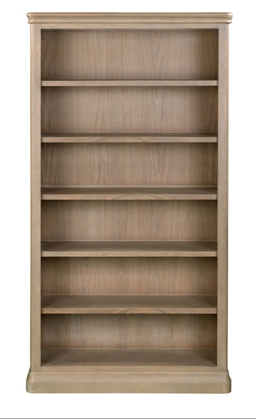 A tall, five-shelf bookcase in a light weathered wood finish, shown from a straight-on front perspective against a solid white background.