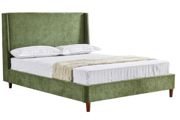 Green upholstered bed with white bedding on a white background