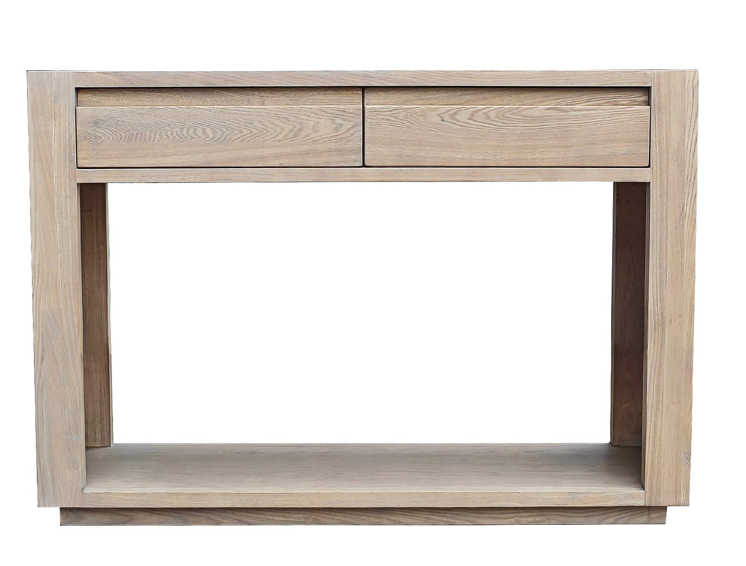 Wooden console table with two drawers on a white background