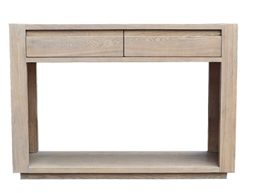 Wooden console table with two drawers on a white background