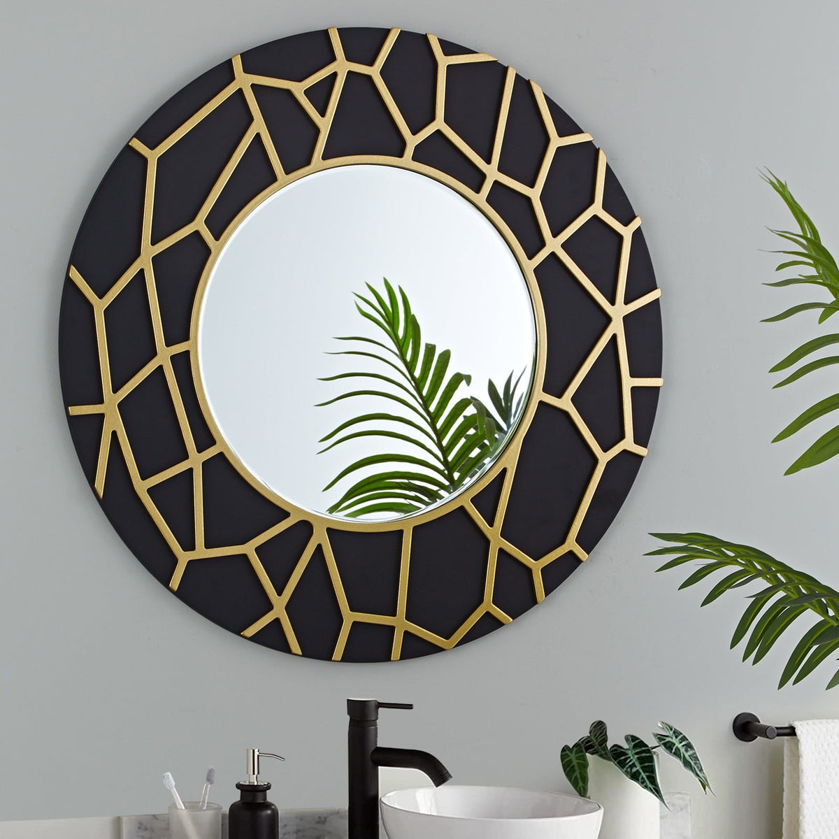 GD011 Round Framed Mirror Black Gold 60cm