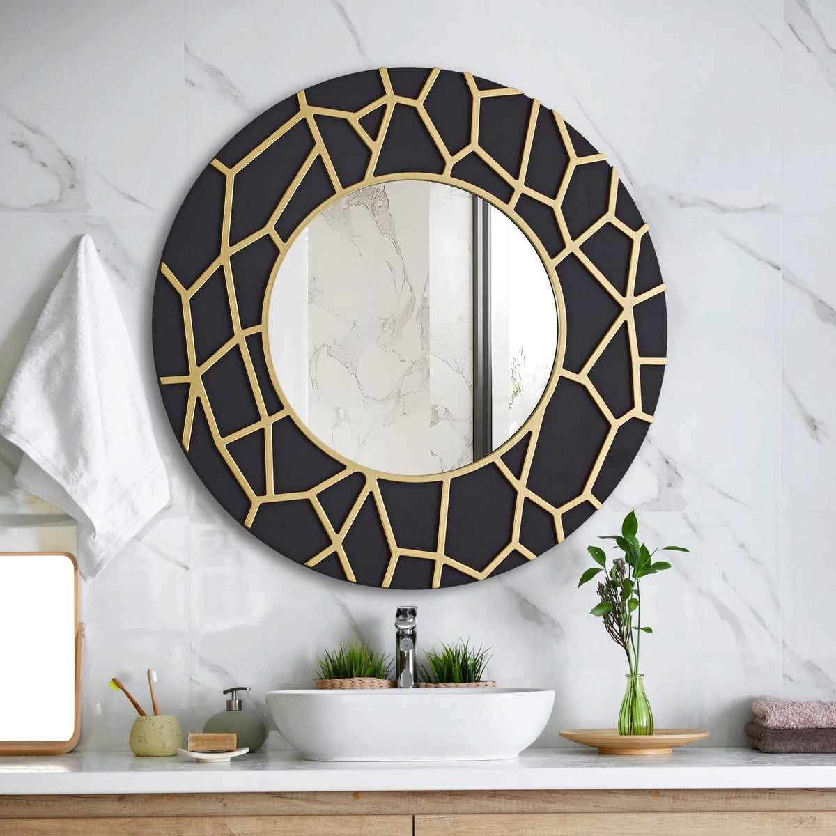 GD011 Round Framed Mirror Black Gold 60cm
