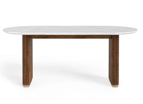 Dining table with white marble top and wooden legs on a white background