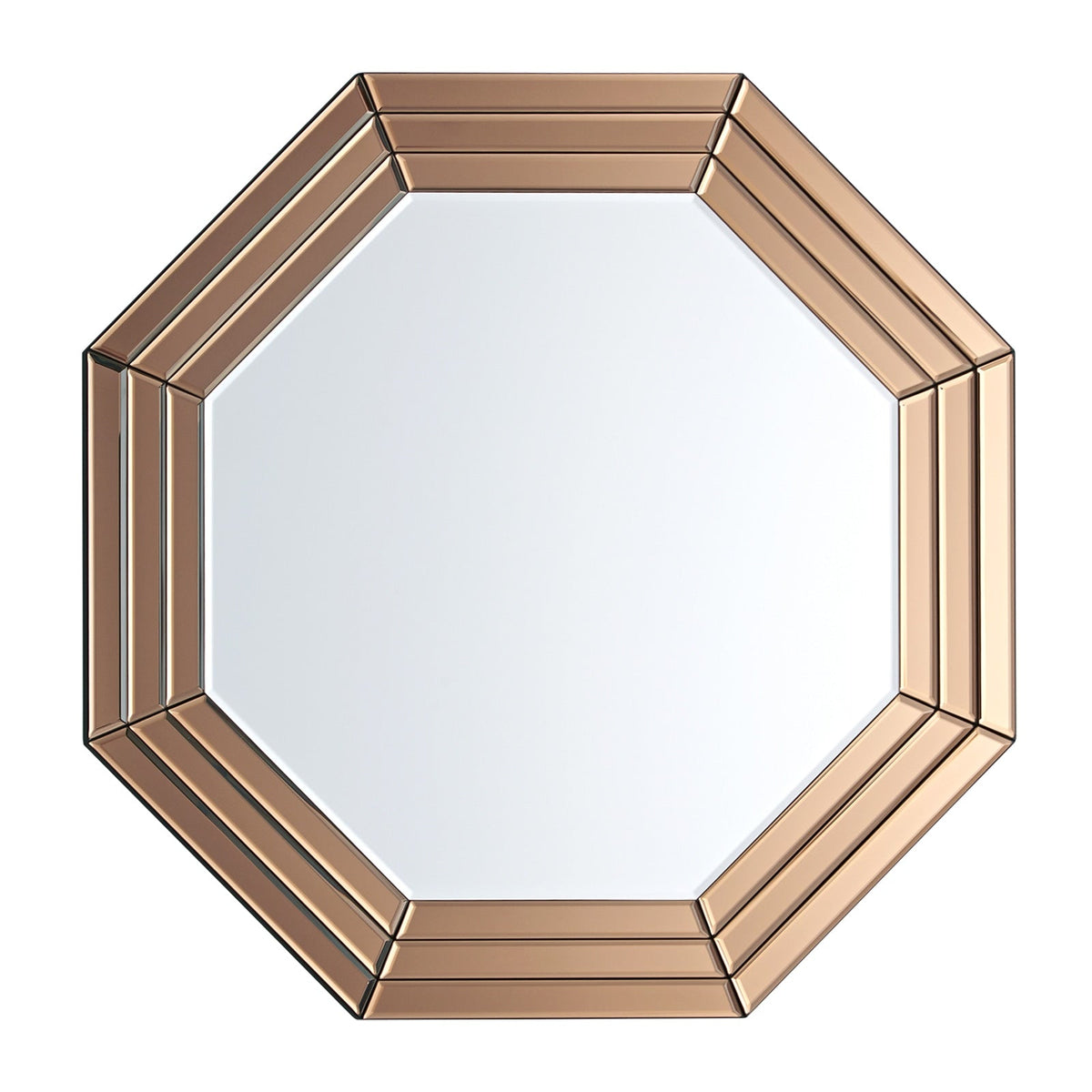 Hexagonal mirror with a bronze frame on a white background