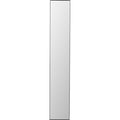 A tall, narrow rectangular mirror with a thin black frame, centered on a plain white background.