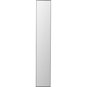 A tall, narrow rectangular mirror with a thin black frame, centered on a plain white background.