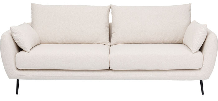 A modern two-seater sofa upholstered in a light cream or off-white textured fabric, supported by slim black metal legs, shown against a plain white background.