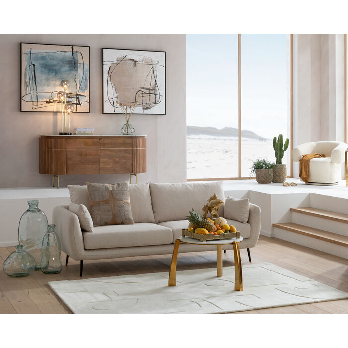 A modern two-seater sofa upholstered in a light cream or off-white textured fabric, supported by slim black metal legs, shown against a plain white background.