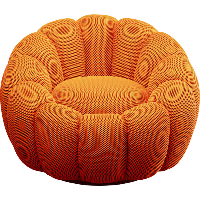 An orange textured pouf chair with a segmented, pumpkin-like design, shown against a plain white background.