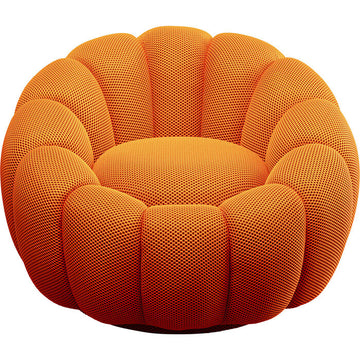 An orange textured pouf chair with a segmented, pumpkin-like design, shown against a plain white background.