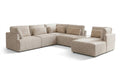 A modern modular sectional sofa in a light beige fabric, featuring a left armrest, a right armchair, and a chaise lounge, shown against a plain white background.