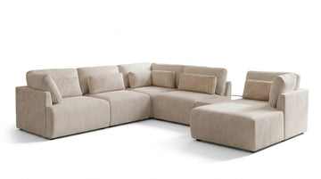 A modern modular sectional sofa in a light beige fabric, featuring a left armrest, a right armchair, and a chaise lounge, shown against a plain white background.