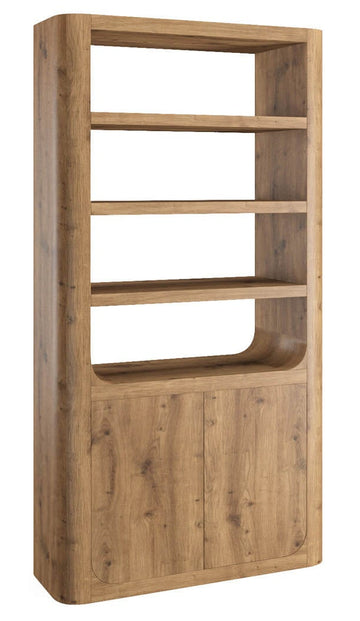 Wooden bookshelf with five shelves on a white background