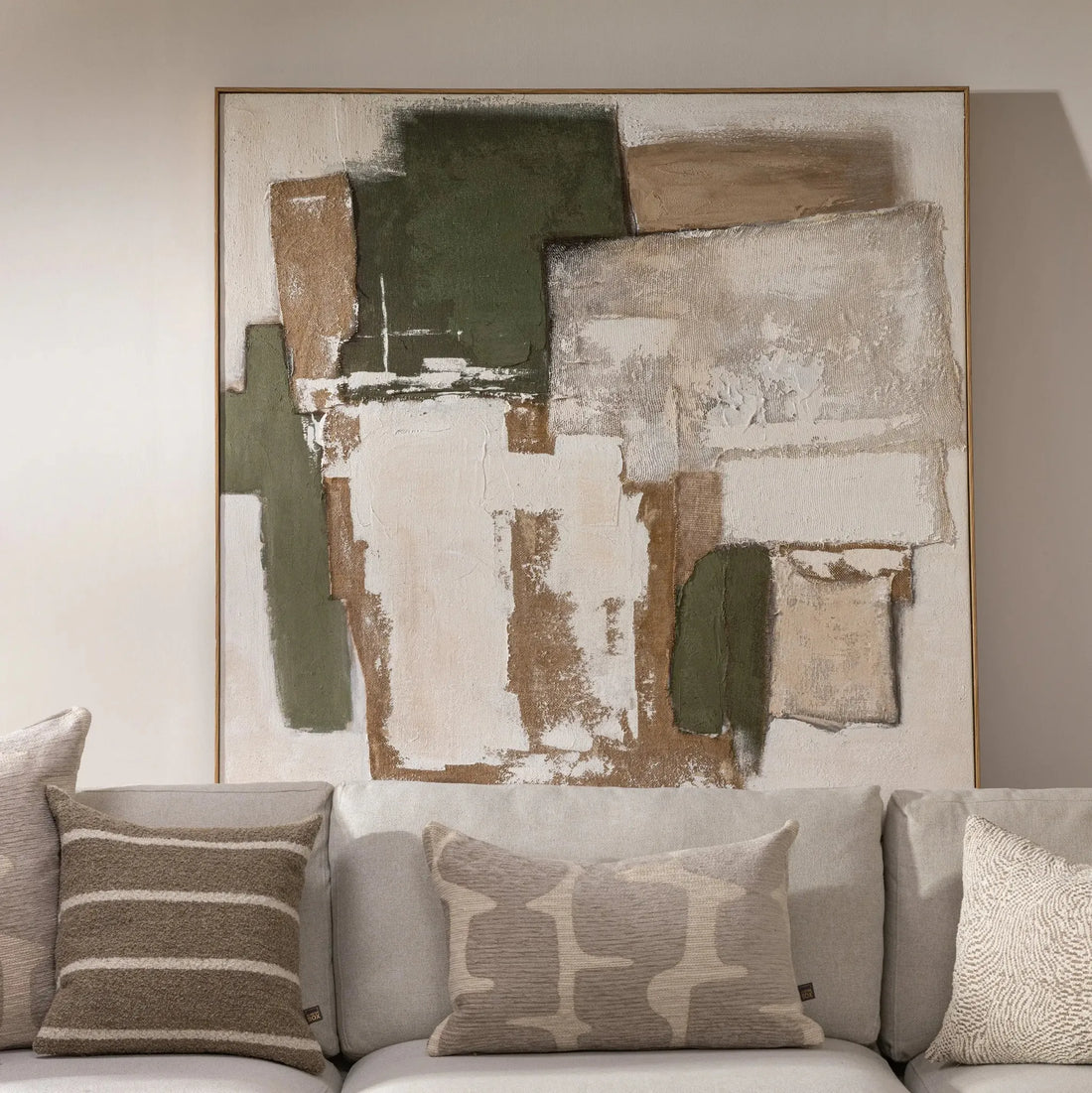 Abstract art piece with green, brown, and beige colors on a white background