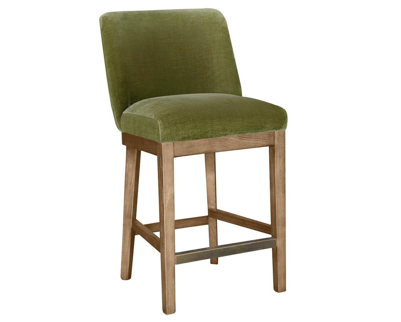 Green bar stool with wooden legs on a white background