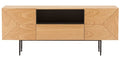 Wooden TV stand with geometric design on a white background