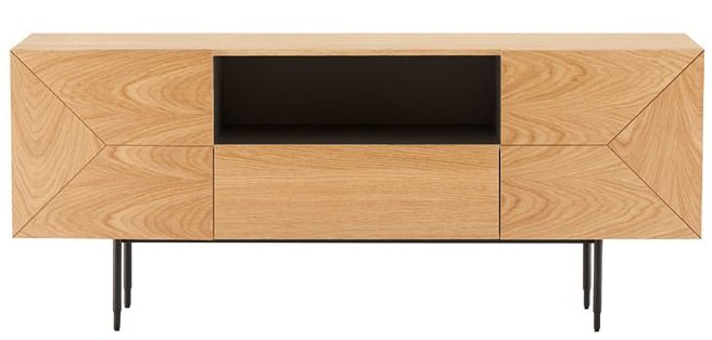 Wooden TV stand with geometric design on a white background