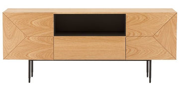 Wooden TV stand with geometric design on a white background