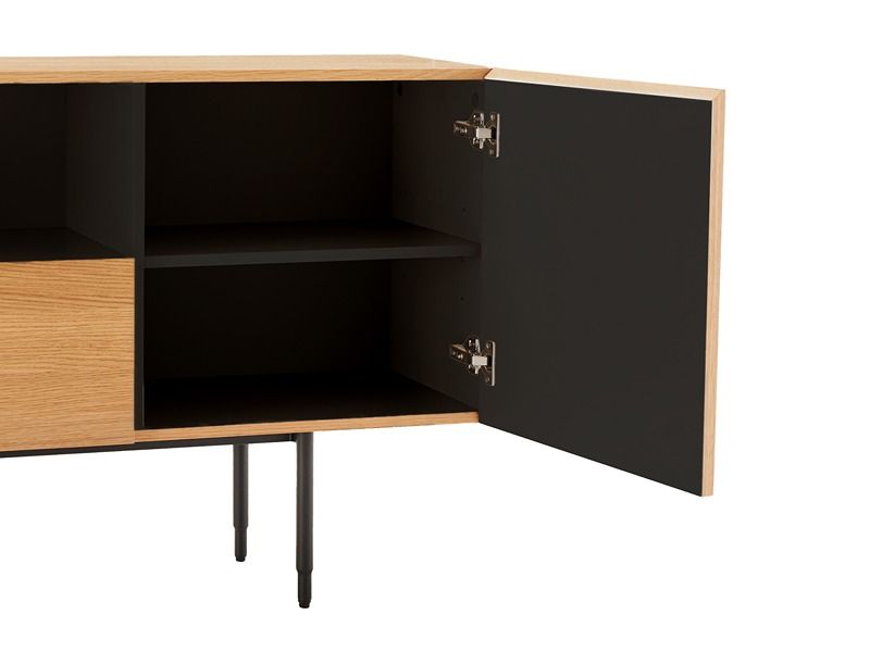 Wooden TV stand with geometric design on a white background