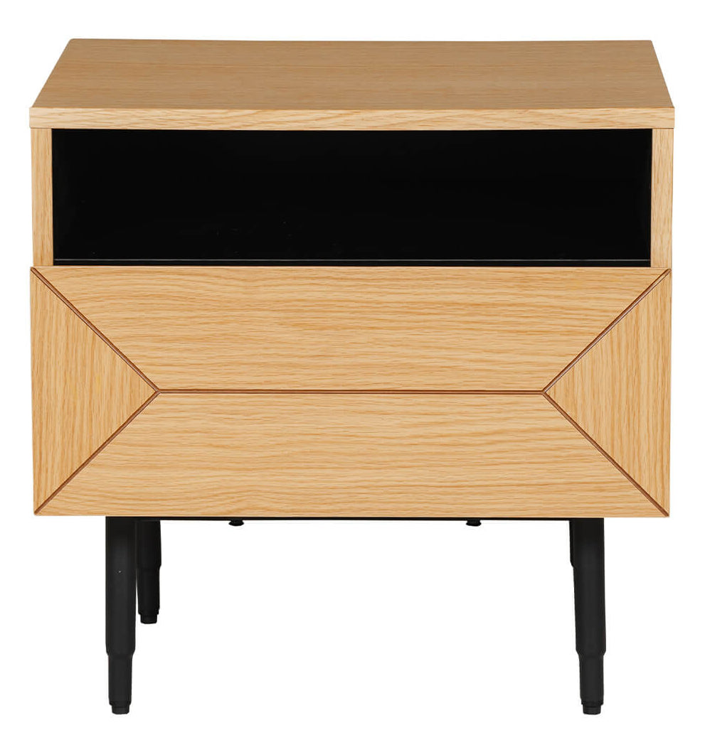 Wooden nightstand with geometric design on a white background