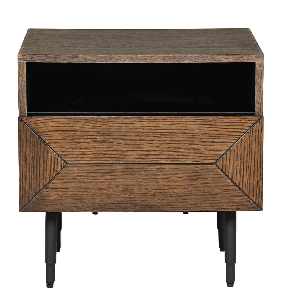 Wooden nightstand with geometric design on a white background