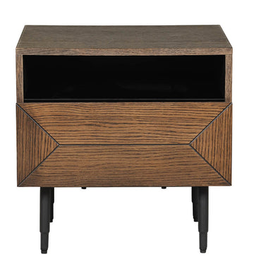 Wooden nightstand with geometric design on a white background