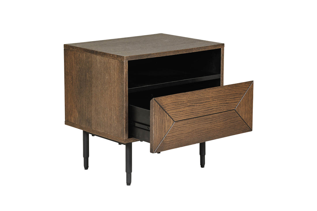 Wooden nightstand with geometric design on a white background