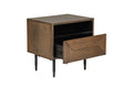 Wooden nightstand with a drawer open on a white background