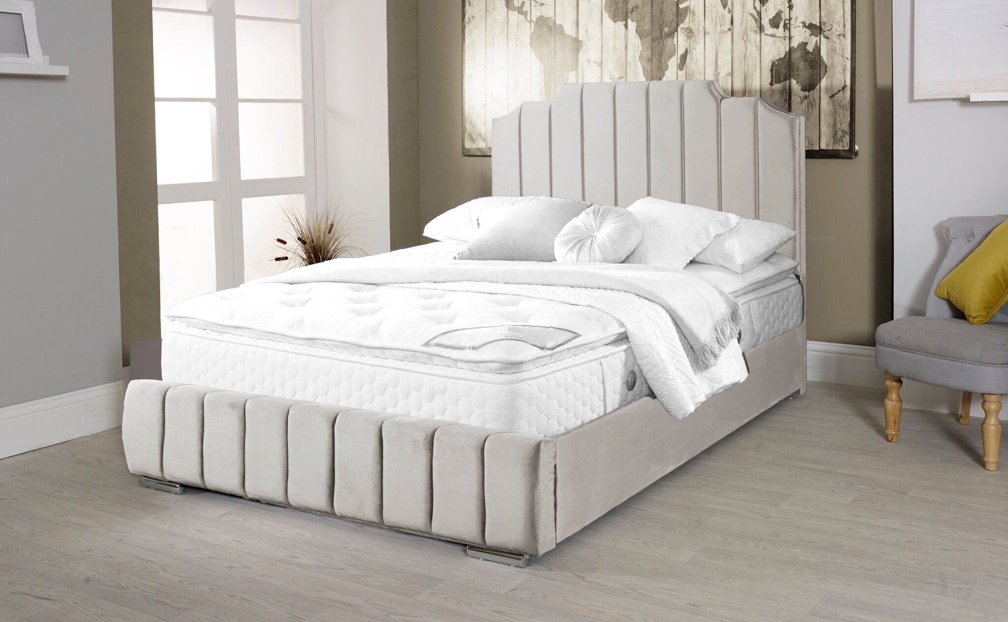 Oced Velvet Beige 6ft Ottoman Bed