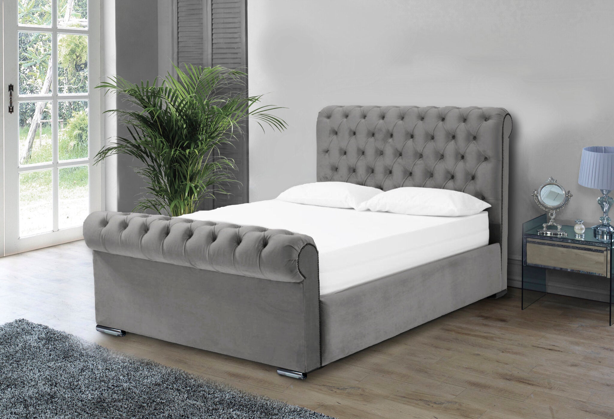 Otneros Velvet Grey 4ft Small Double Ottoman Bed