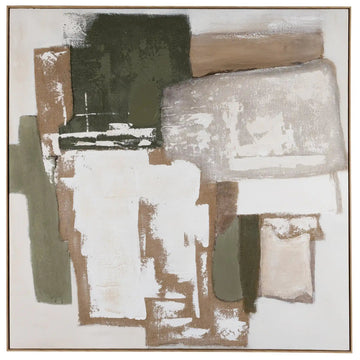 Abstract art piece with green, brown, and beige colors on a white background