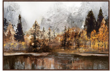 Framed artwork of a forest scene with trees and water on a white background