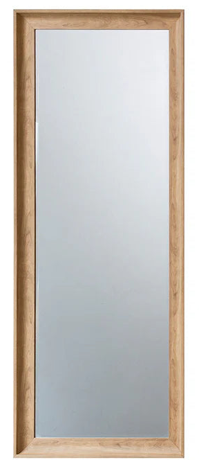 A tall, narrow rectangular wall mirror with a light natural wood frame, shown against a plain white background.