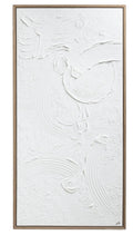 A framed abstract wall art piece featuring a textured, raised white design with organic swirls and circular forms, enclosed in a thin metallic frame against a plain white background.
