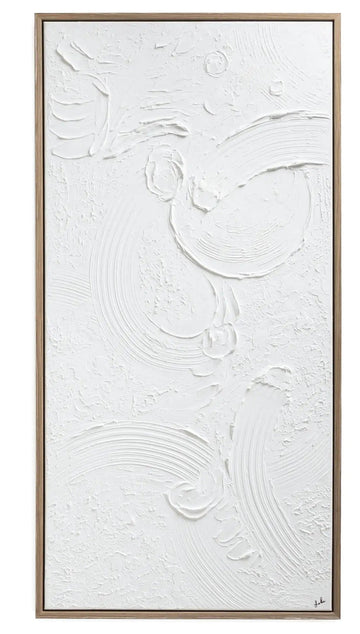 A framed abstract wall art piece featuring a textured, raised white design with organic swirls and circular forms, enclosed in a thin metallic frame against a plain white background.