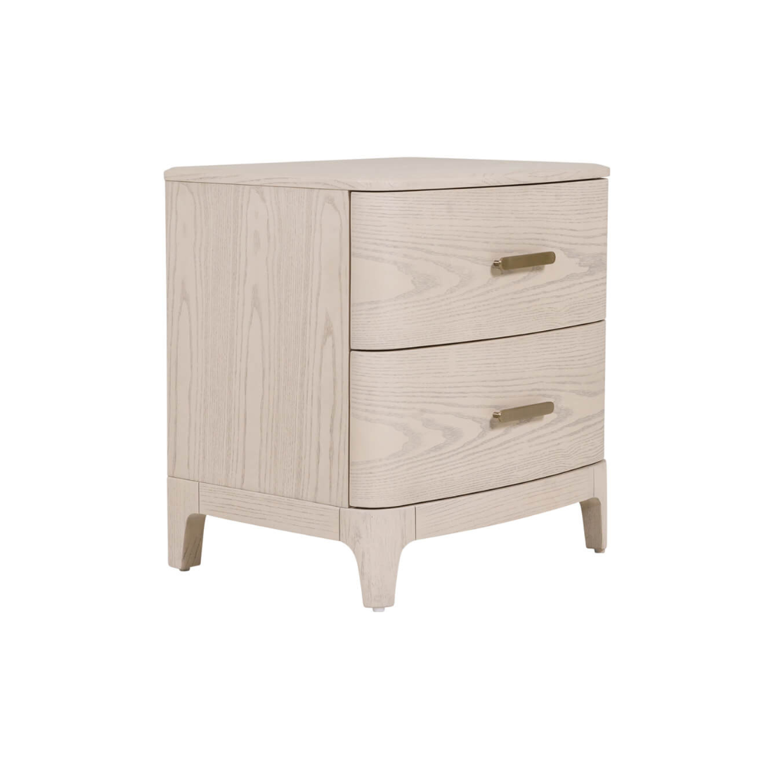 Beige nightstand with two drawers on a white background