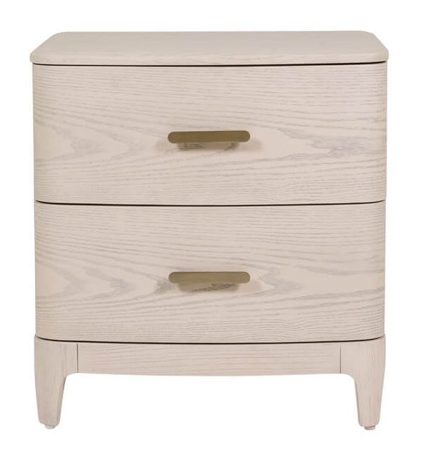 Beige nightstand with two drawers on a white background