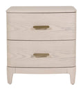 Beige nightstand with two drawers on a white background