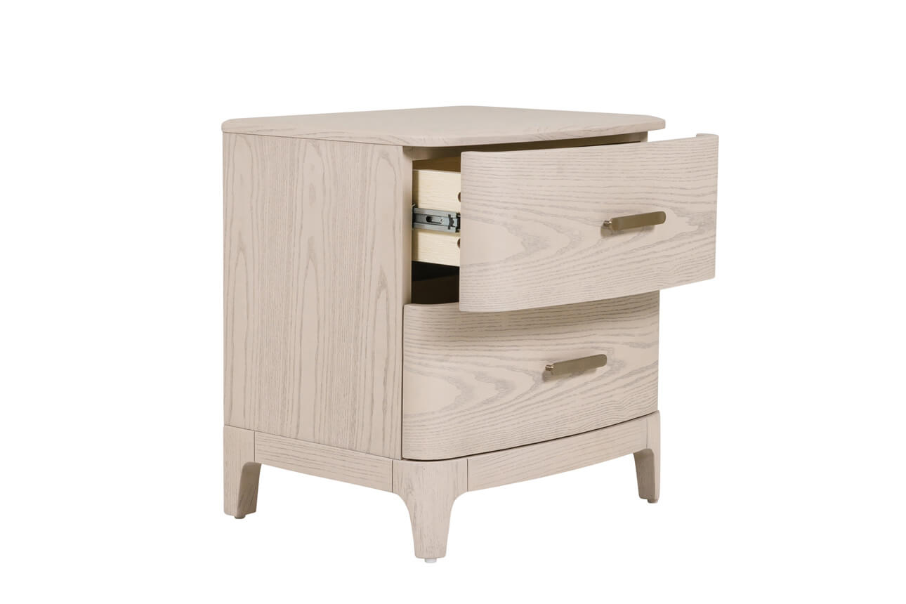 Wooden nightstand with two drawers on a white background