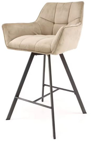 Beige bar stool with black metal legs on a white background
