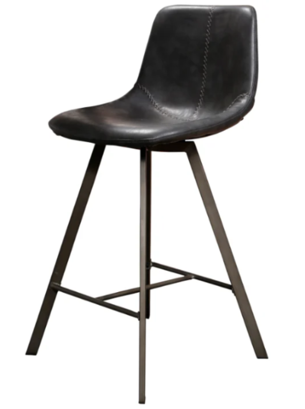 Black bar stool with leather seat and metal legs on a white background