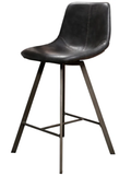 Black bar stool with leather seat and metal legs on a white background