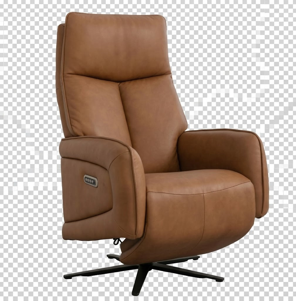 A brown leather recliner chair with a black swivel base, shown against a white and gray checkered transparency background.