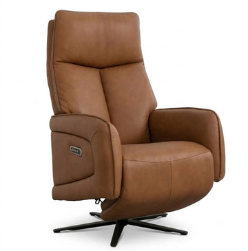 A brown leather swivel recliner chair with a black star base, shown from a three-quarter angle on a white background.