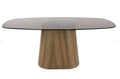 Round dining table with a glass top and wooden base on a white background