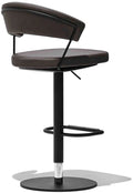 Modern bar stool with brown seat and black base on a white background