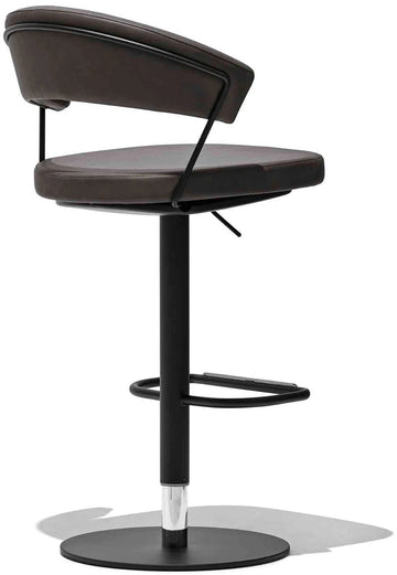 Modern bar stool with brown seat and black base on a white background