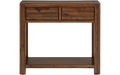 A rustic brown wooden console table with two drawers on the top, an open lower shelf, and a clean white background.